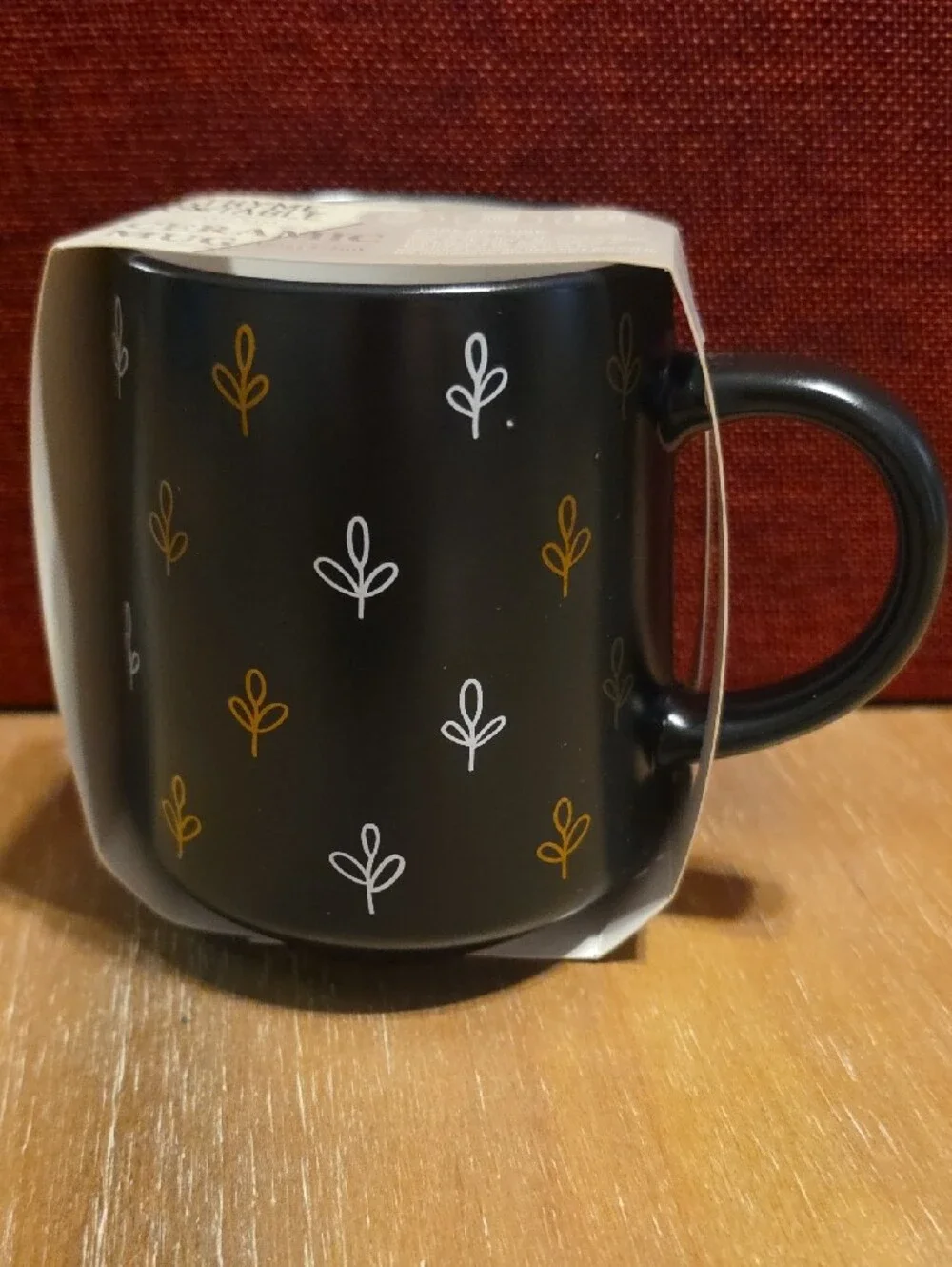 Matte Black Ceramic Coffee Mug with White & Gold Leaf Accents